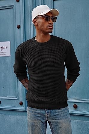 PJ PAUL JONES Mens Crewneck Pullover Sweater Waffle Textured Long Sleeve Knitted Sweaters