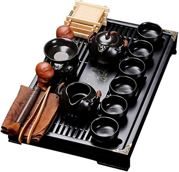 fanquare Chinese Black Ceramic Kung Fu Tea Set with Tea Tray and Small Tea Tools,Porcelain Tea Service