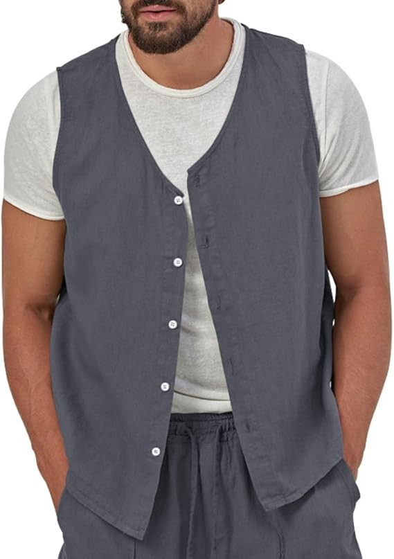 Men’s Summer Linen Waistcoat Lightweight Button Vest Cardigan Outdoor Casual Tops Business Suit Waistcoat