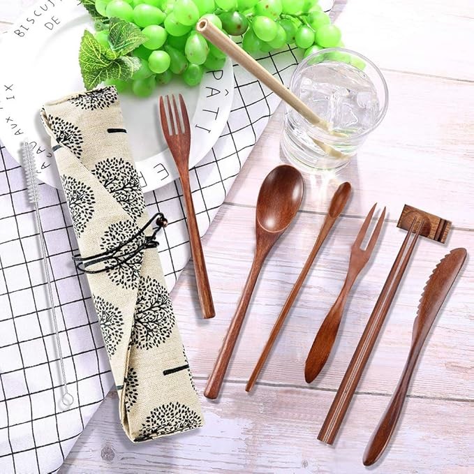 OKA Reusable Wooden Travel Cutlery Set Japanese Style Lunch Utensil Set with Case ,9 Pcs Wooden Flatware Including Reusable Knife Fork Spoon Chopsticks Straws & Cleaning Brush