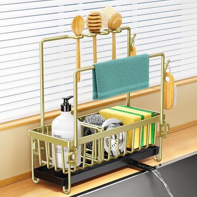 Kitchen Sink Caddy, Stainless Steel Sponge Holder with Removable Drain Tray, Removable Partitions, Dishcloth Hanger and Brush Drainer Rack, Kitchen Organiser for Sink Tidy, Gold