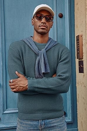 PJ PAUL JONES Mens Crewneck Pullover Sweater Waffle Textured Long Sleeve Knitted Sweaters