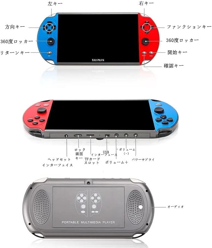 TLCRETE X12plus ポータブルゲーム機7インチ画面減圧携帯型ゲーム機MP4 MP5プレーヤー 16gb メモリ 内蔵10000種類ゲームPSPゲーム機